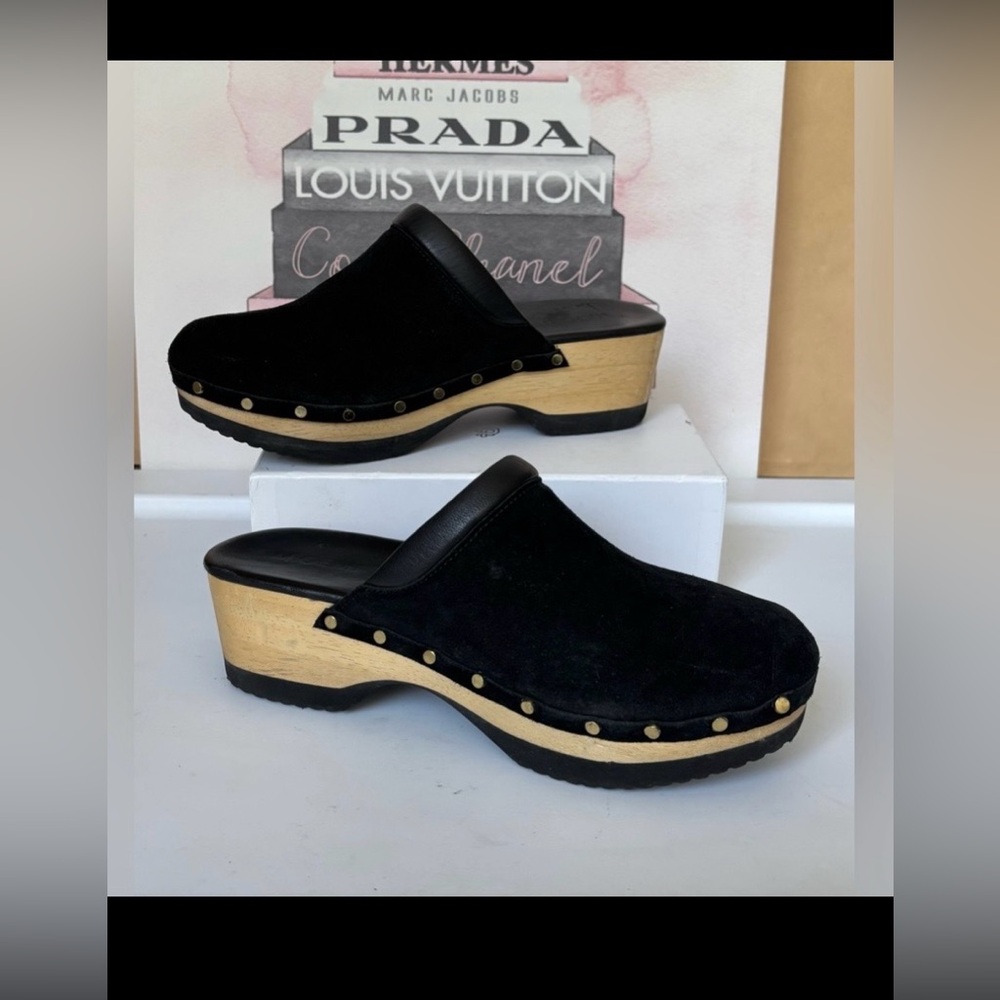 M. Gemi The Greta Black Suede Wood Studded Clogs IT. Size 40 = US 9
